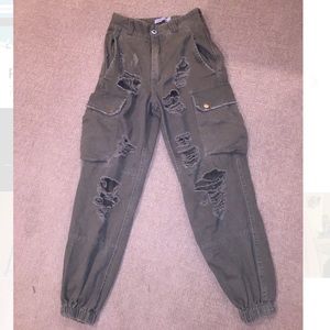 Distressed Cargo Army Green Cropped Jeans